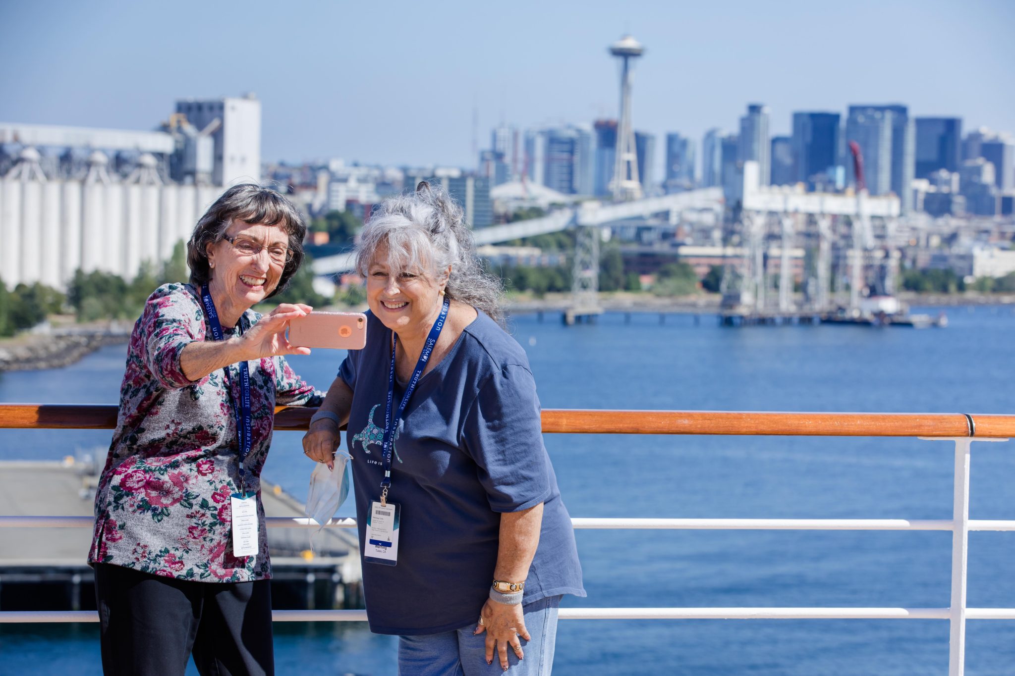 Posing for a selfie near Elliott Bay, a Seattle port