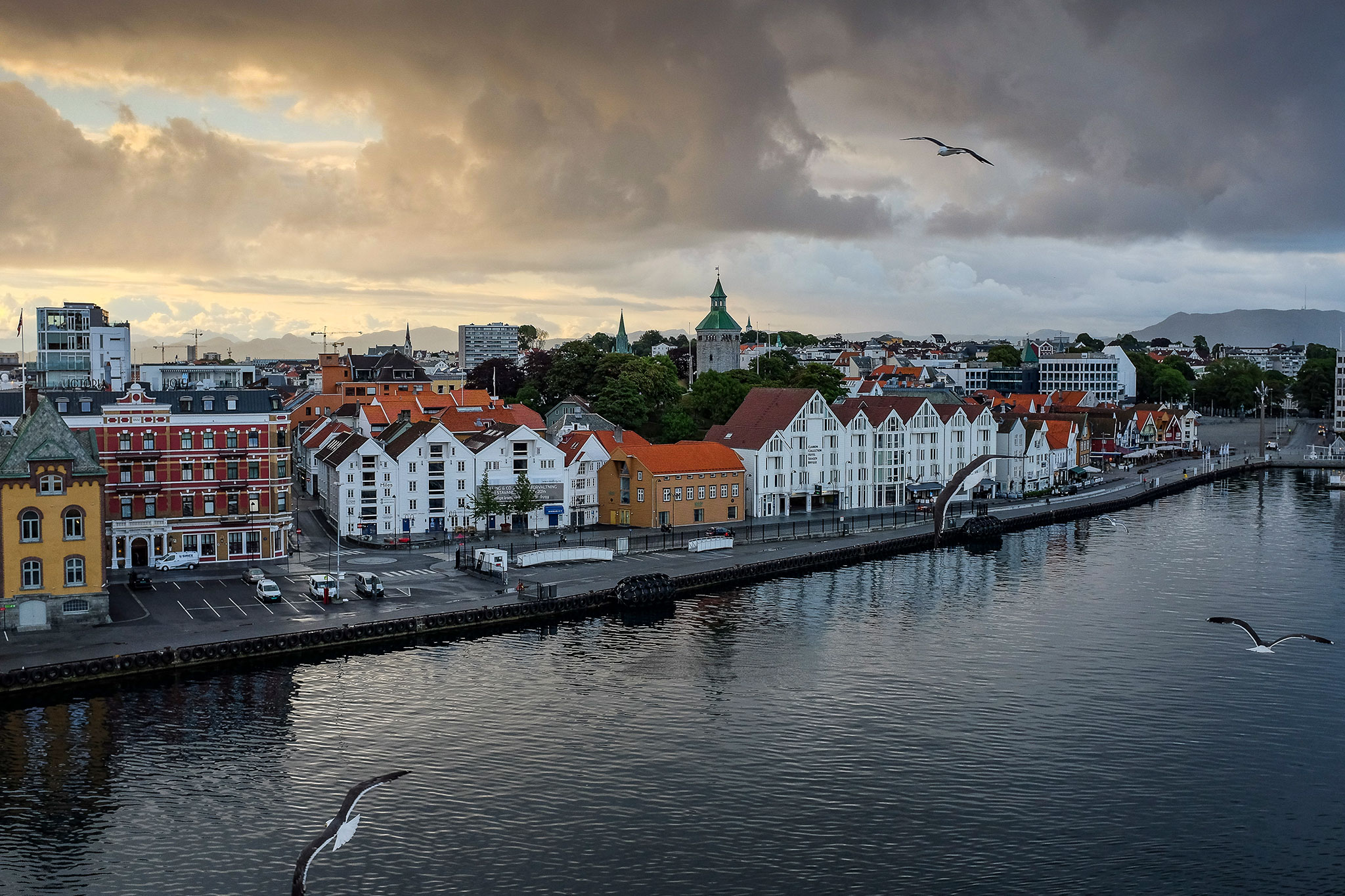 Colorful waterfront buildings in Stavanger, Norway, with white wooden houses and red-tiled roofs lining the harbor as seagulls soar under dramatic evening clouds.