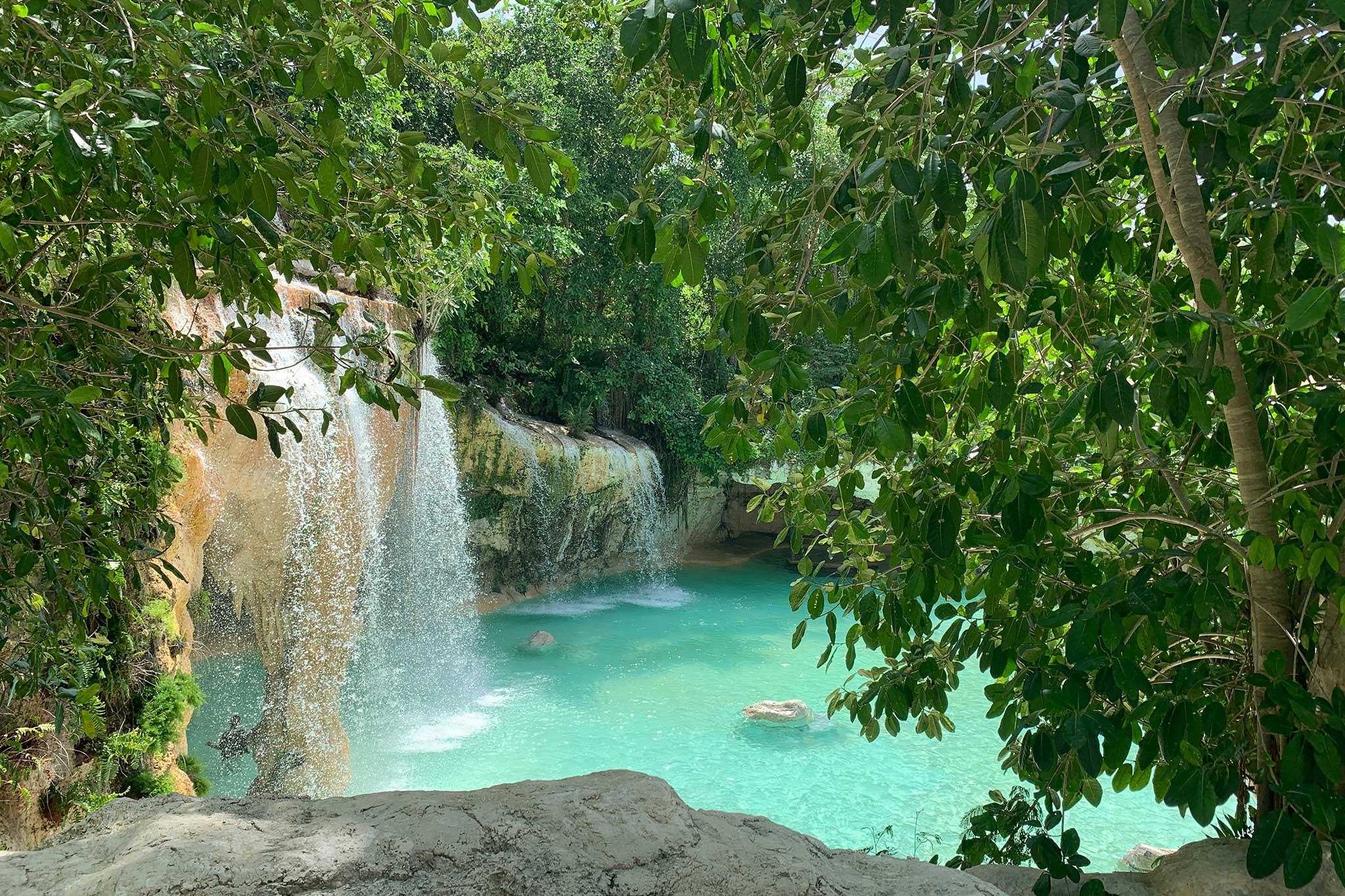 A cascading waterfall flows over limestone cliffs into a crystal-clear turquoise pool surrounded by lush tropical vegetation. Sunlight filters through the dense green canopy, creating a peaceful oasis in the heart of the rainforest.