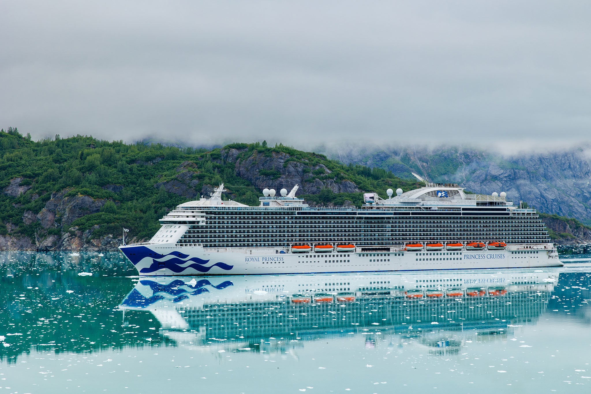 The Royal Princess glides through calm, icy blue water dotted with small ice pieces, reflecting against mist-covered, forested mountains.