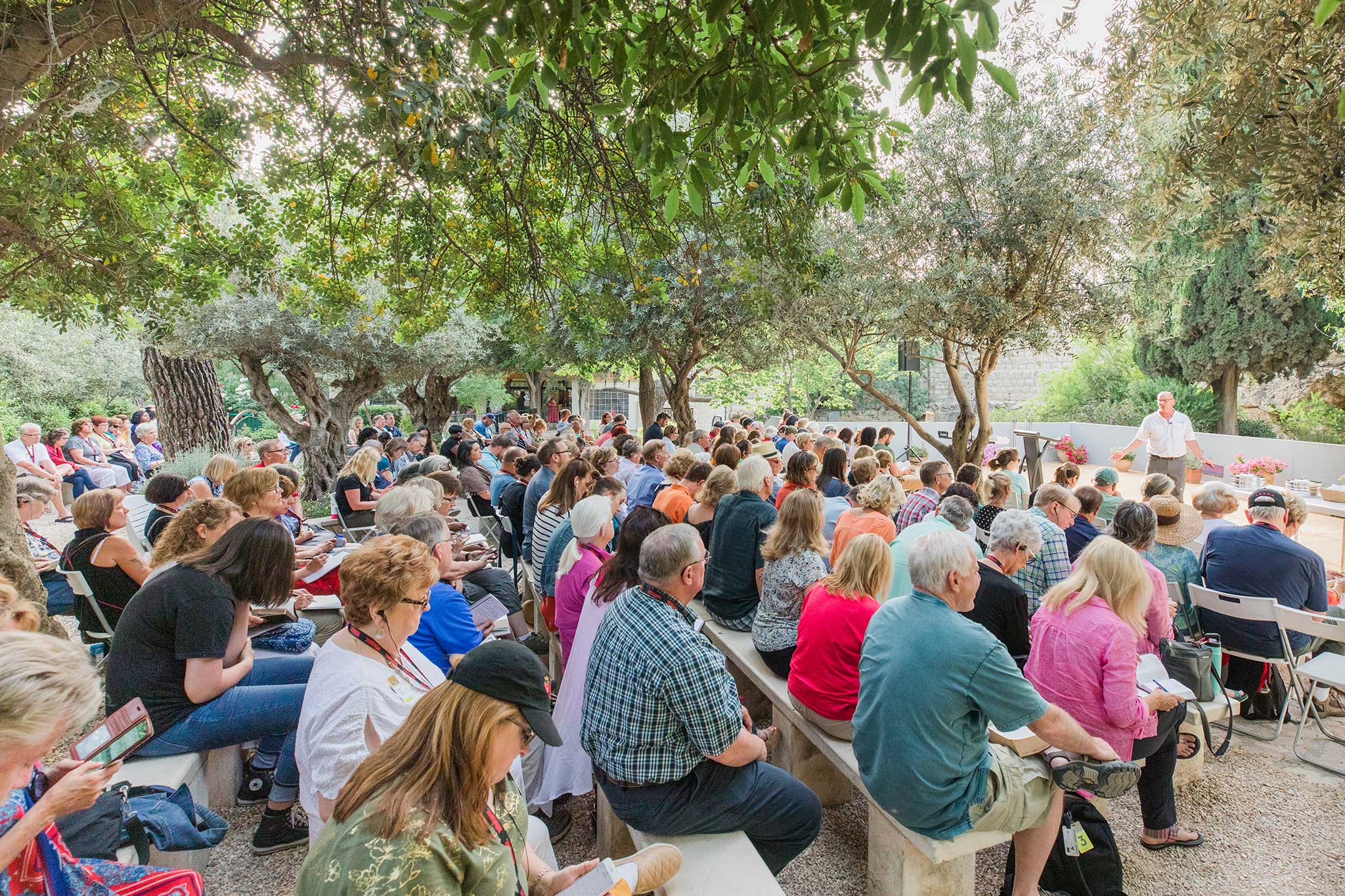 A large group of travelers sits beneath shady olive trees, listening to a Bible teaching during an outdoor gathering in the Holy Land.