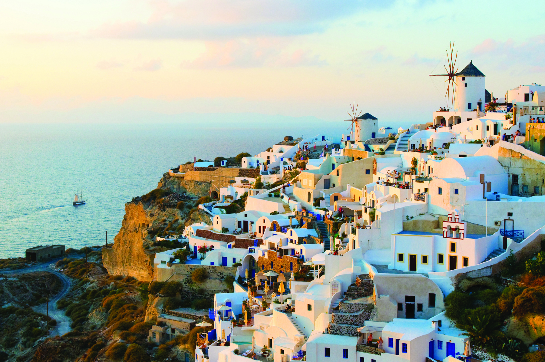 Aerial view of Oia Village in Santorini, Greece 