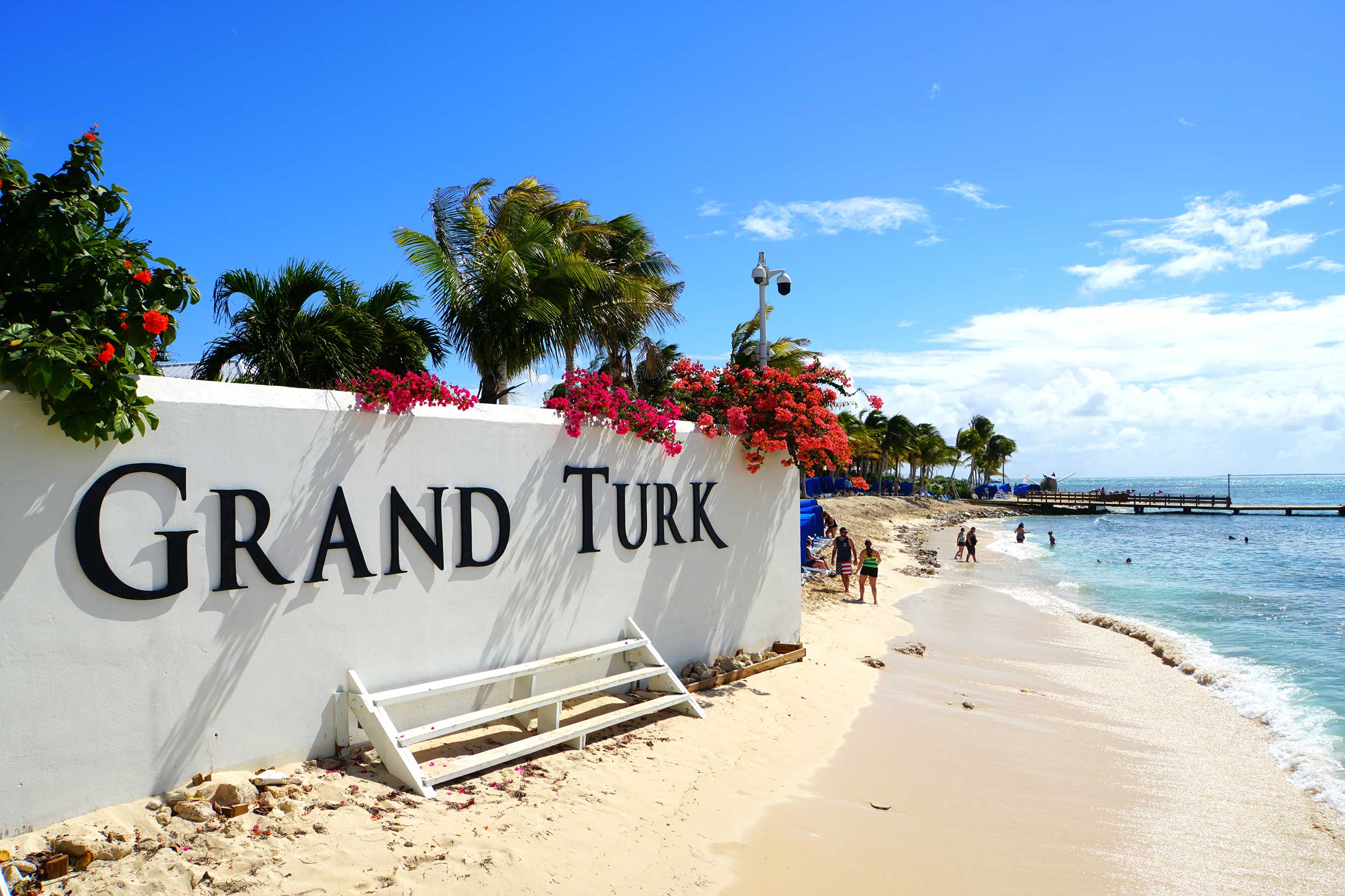 Large Grand Turk sign at Turks & Caicos cruise port entrance.