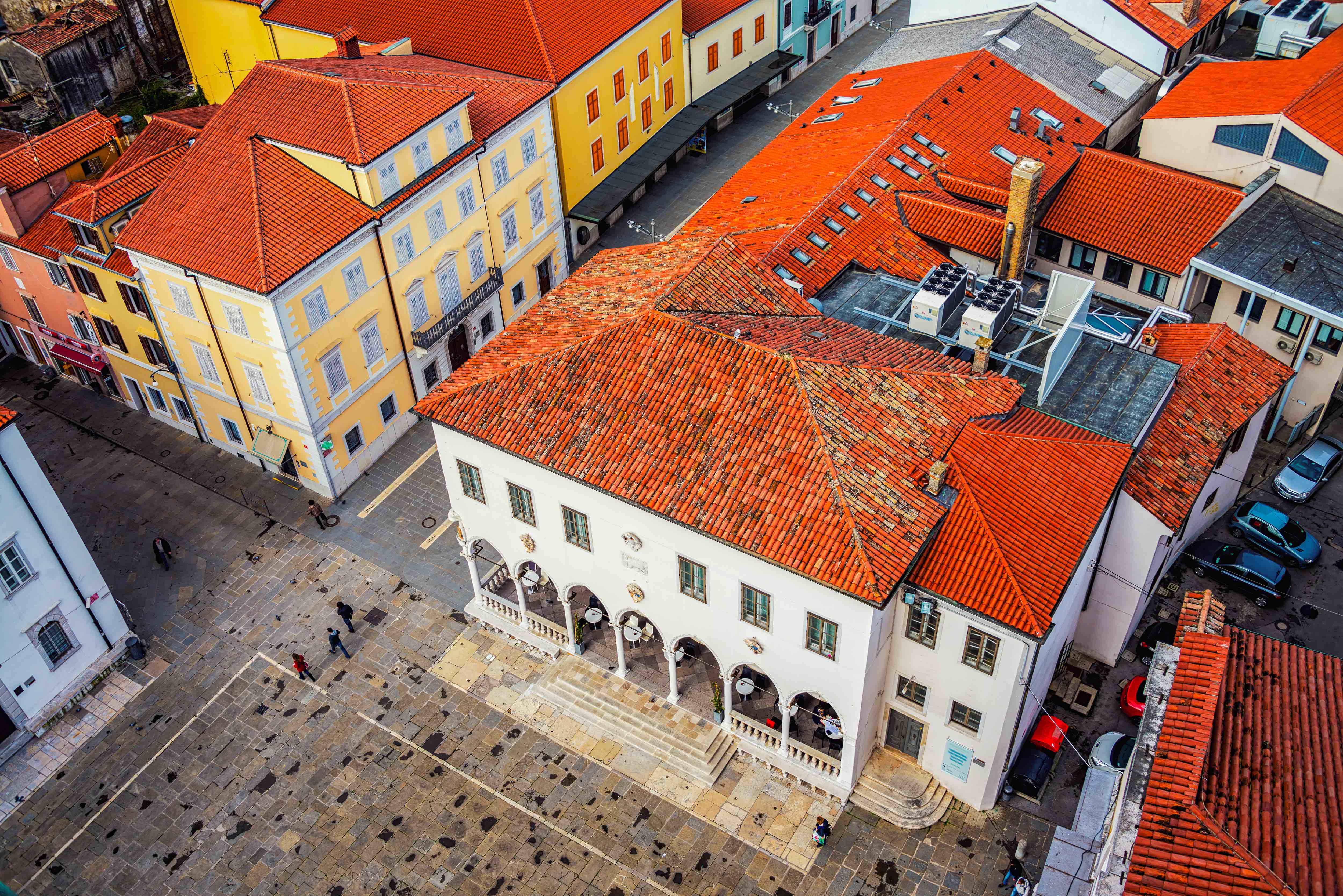 Aerial view of red-tiled roofs in Koper, Slovenia