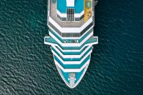 Overhead view of the front half of a cruise ship