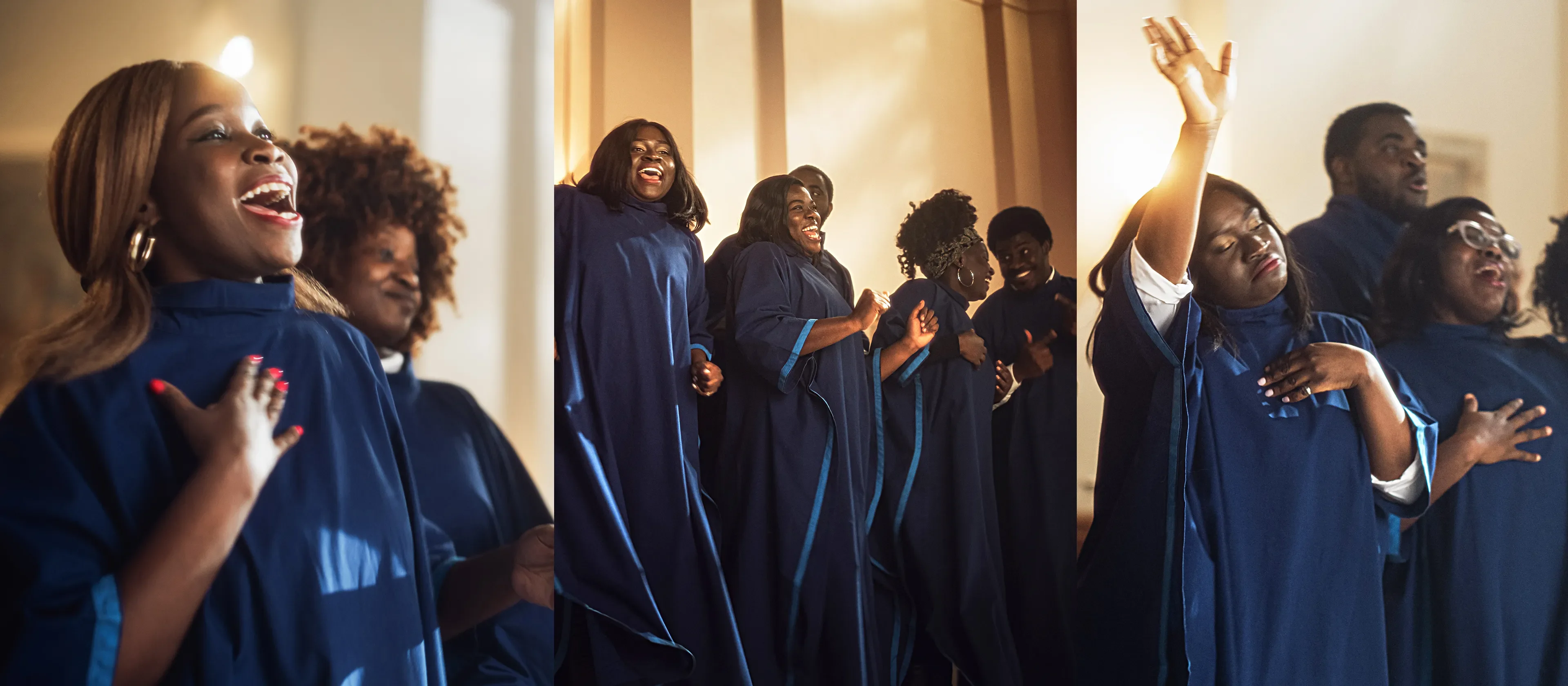 Collage of choir members singing in navy blue choir robes