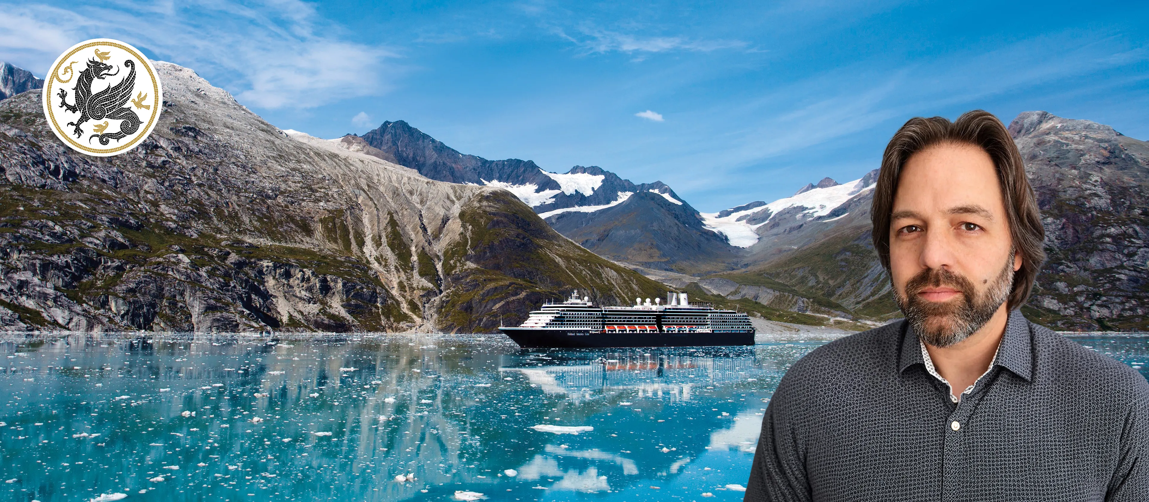 Jonathan Pageau in front of alpine lake and snowy mountains; circular logo at top right.