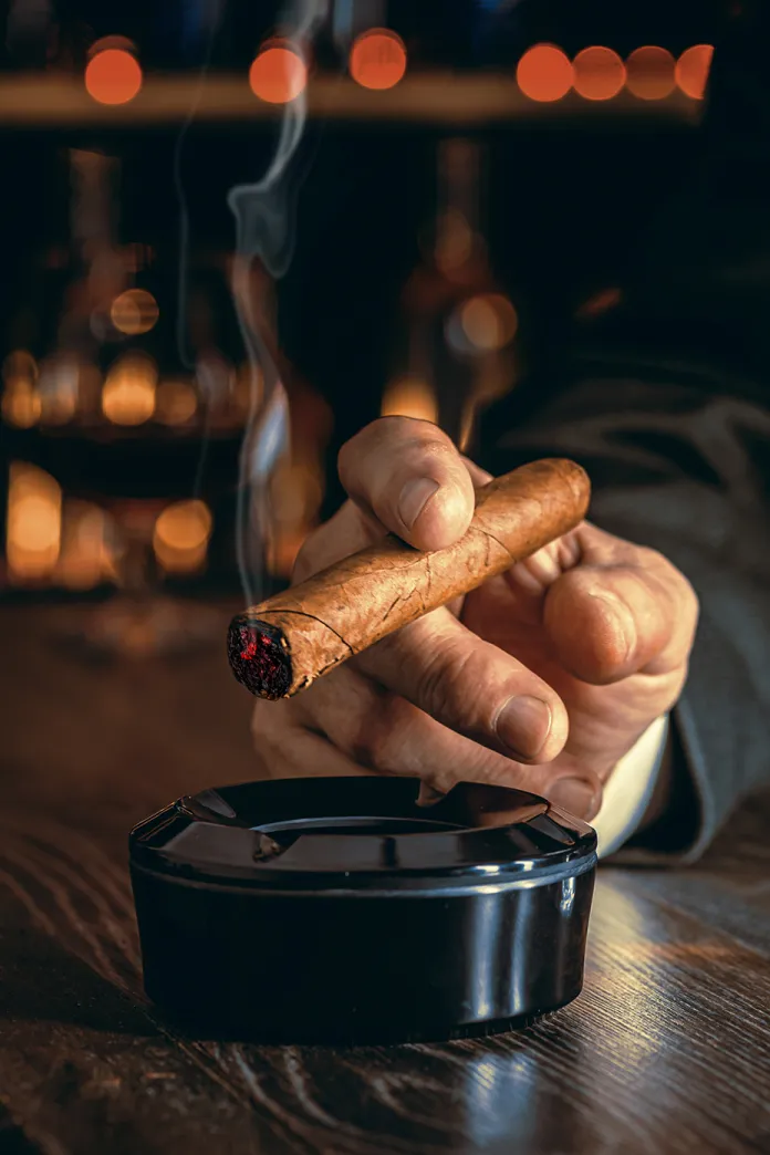 A hand holding a lit cigar over an ashtray in a warmly lit lounge setting