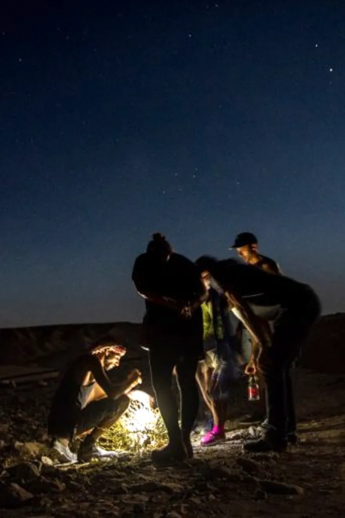 A small group gathered around a light source in the desert under a starry night sky