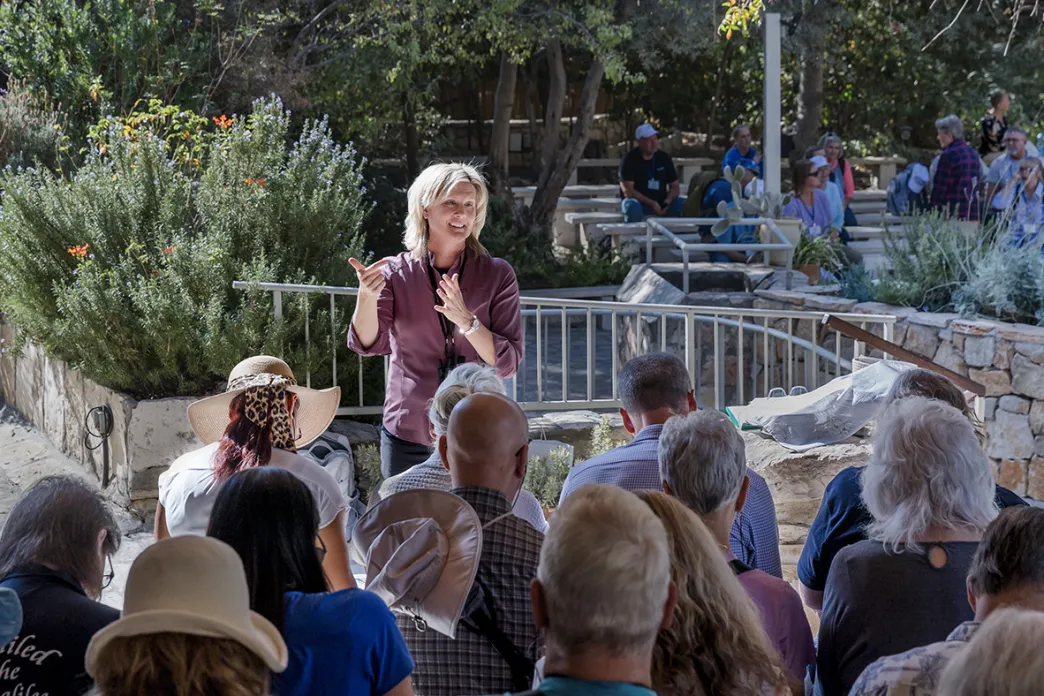 Kristi McLelland in Israel speaking to a group of people