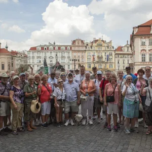 Crowd of travelers in Prague