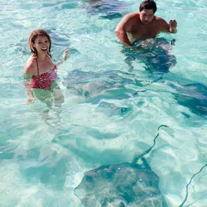 Smiling woman in the water with stingrays